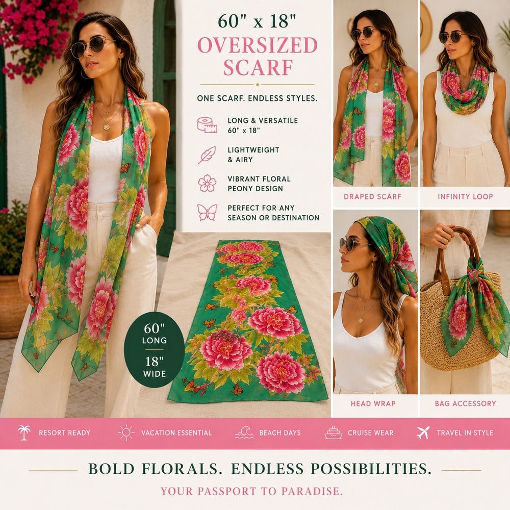 Bold Floral Peony 60x18 Scarf Green Pink Butterfly Boho Coastal Resort Beach